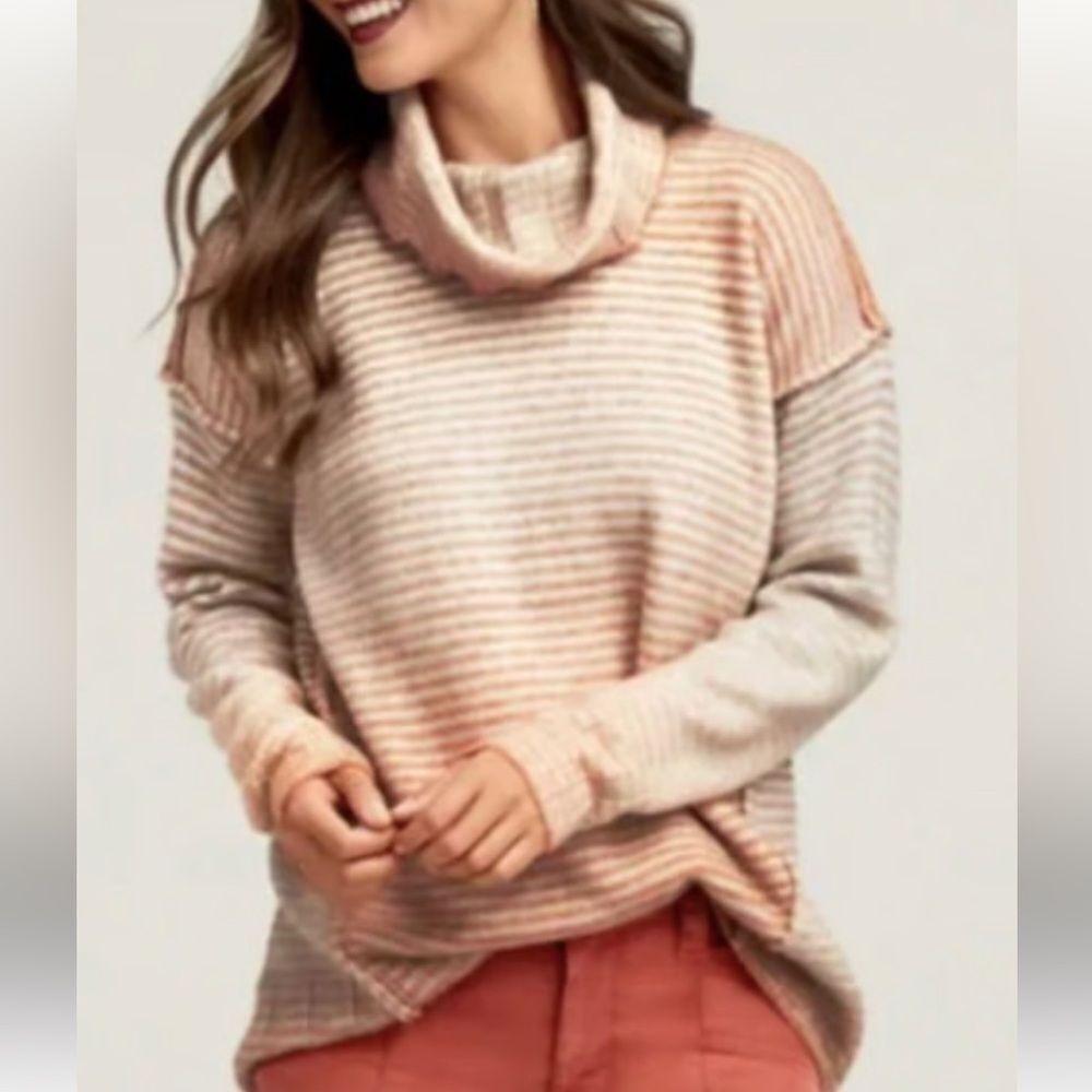 CAbi Striped turtleNeck Sweater in Orange and Cream Super Soft Small